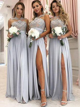 satin grey long bridesmaid dresses high neck lace appliques with slit dtb44