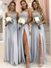 satin grey long bridesmaid dresses high neck lace appliques with slit dtb44
