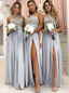 Satin Grey Long Bridesmaid Dresses High Neck Lace Appliques With Slit