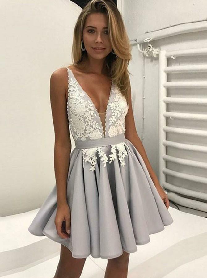 v-neck pleated satin prom dress homecoming dress with appliques dtp245
