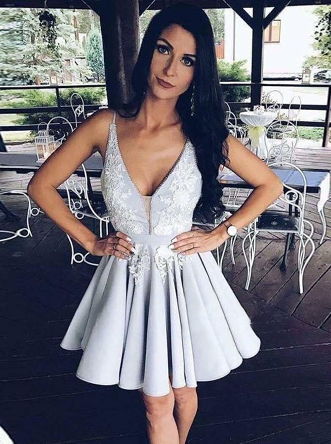 v-neck pleated satin prom dress homecoming dress with appliques dtp245