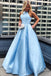 satin a-line sky blue prom evening dress pearls with pockets dtp110