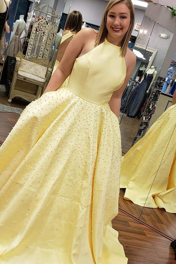 satin a-line sky blue prom evening dress pearls with pockets dtp110
