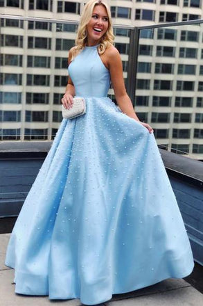 satin a-line sky blue prom evening dress pearls with pockets dtp110