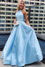 satin a-line sky blue prom evening dress pearls with pockets dtp110