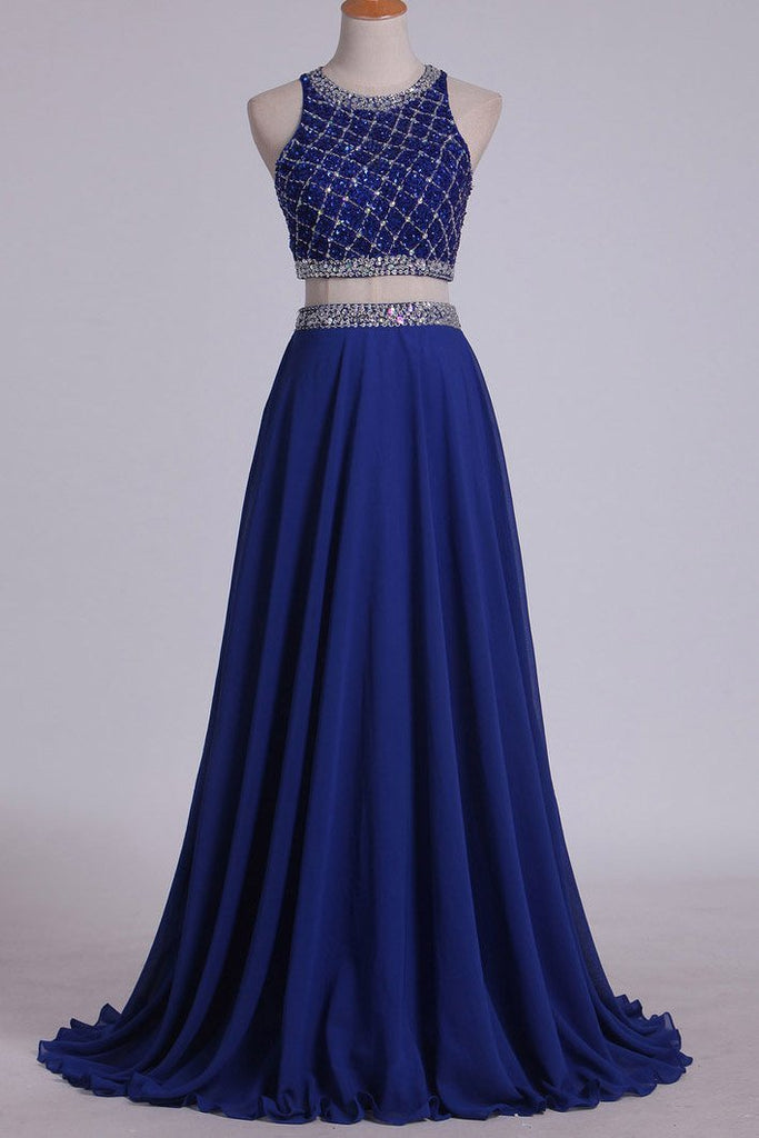 Scoop Tulle/Chiffon Two Piece Sleeveless Beading Blue Long Prom Dress
