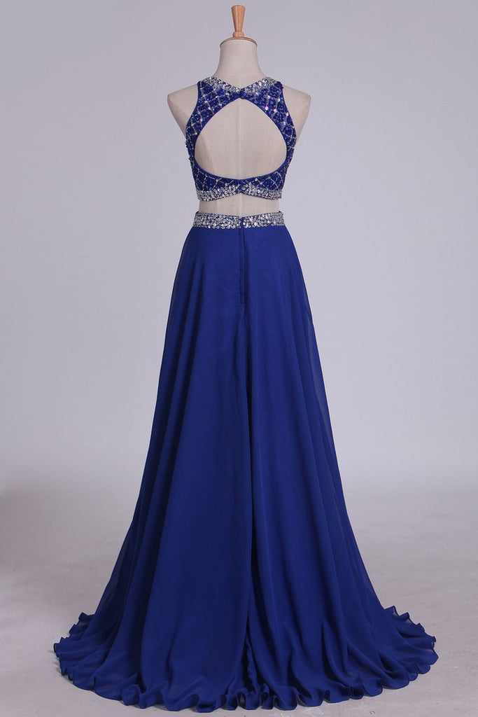 Scoop Tulle/Chiffon Two Piece Sleeveless Beading Blue Long Prom Dress