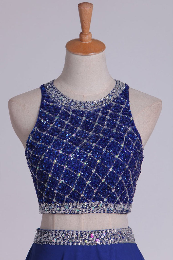 Scoop Tulle/Chiffon Two Piece Sleeveless Beading Blue Long Prom Dress