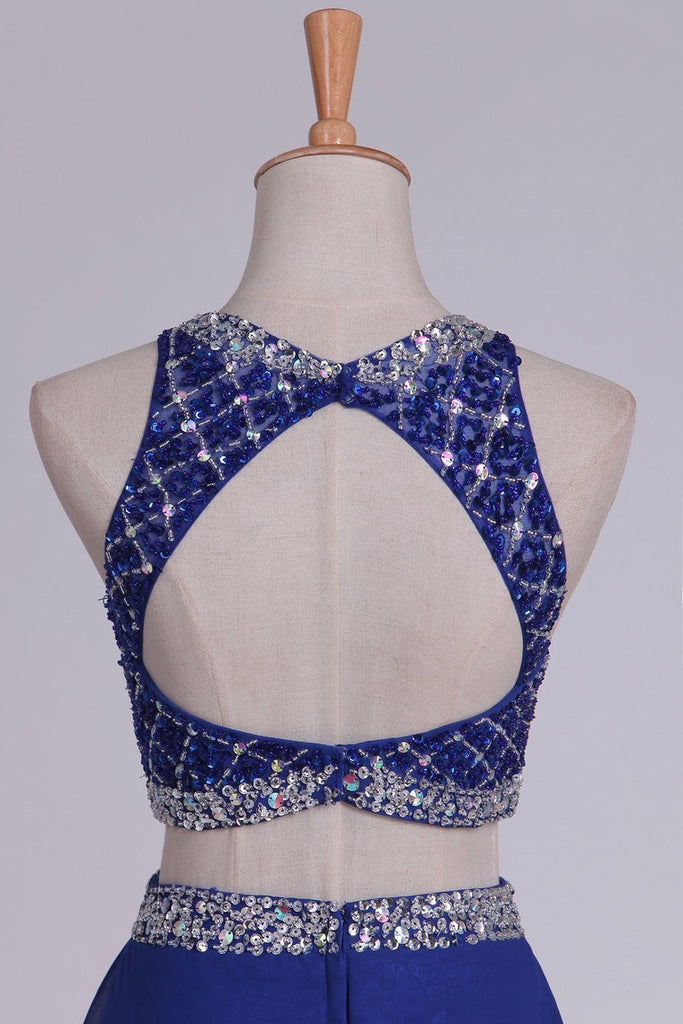 Scoop Tulle/Chiffon Two Piece Sleeveless Beading Blue Long Prom Dress