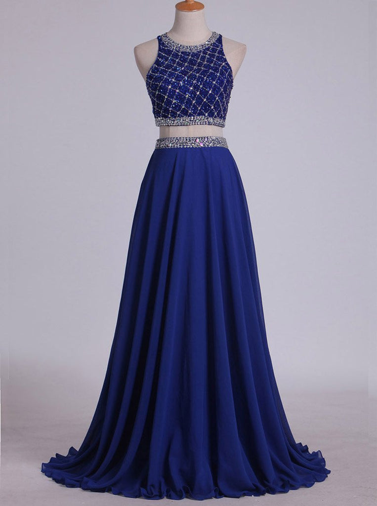scoop tulle/chiffon two piece sleeveless beading blue long prom dress dtp370