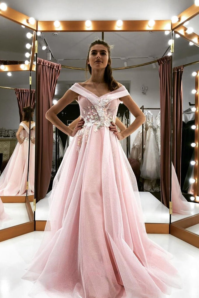 see-through mesh pink long prom dress off-shoulder quinceanera dresses dtp514