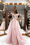 See-Through Mesh Pink Long Prom Dress Off-Shoulder Quinceanera Dresses