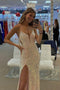 Sequin High Slit V-neck Prom Dress, Backless Sparkly Evening Dresses