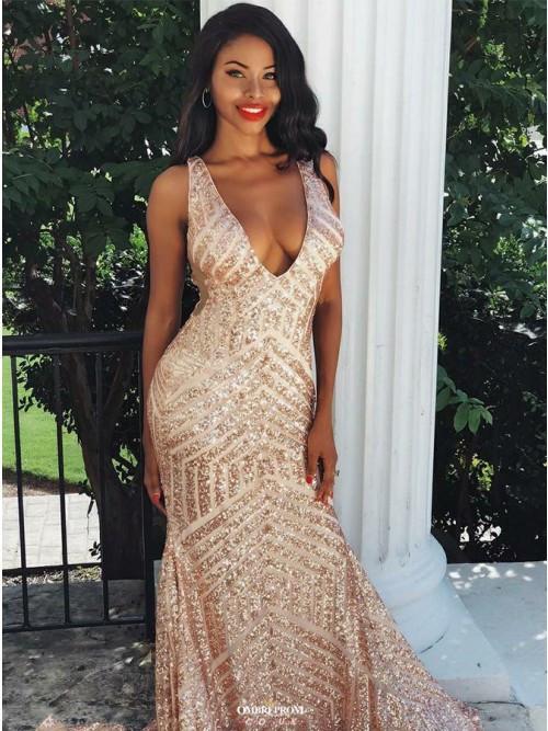 Sequin Backless Mermaid V-neck Rose Gold Prom Party Dress DTP567 DressTok.co.uk Sequin Backless Mermaid V-neck Rose Gold Prom Party Dress DTP567 DressTok.co.uk