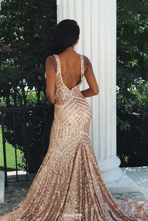 Sequin Backless Mermaid V-neck Rose Gold Prom Party Dress