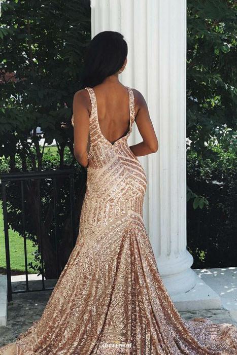 Sequin Backless Mermaid V neck Rose Gold Prom Party Dress DTP567 DressTok