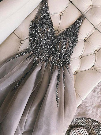 sequins beaded a-line v-neck tulle short prom dresses dtp257