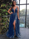 sequins navy blue prom dress plunging neckline dress with slit dtp434