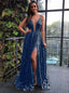 Sequins Navy Blue Prom Dress Plunging Neckline Dress with Slit