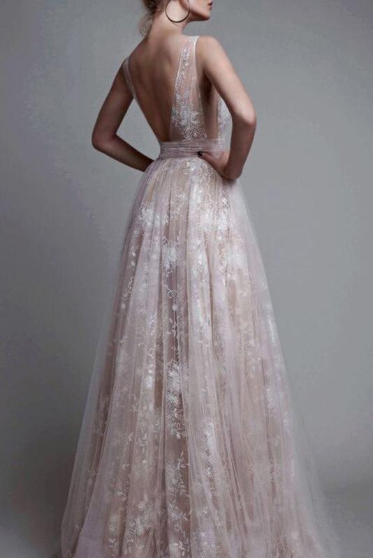 Sexy A-Line Deep V-Neck Backless Tulle Long Prom Dress