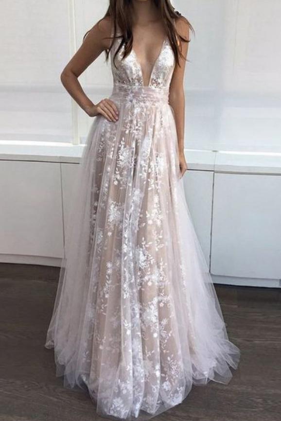 Sexy A-Line Deep V-Neck Backless Tulle Long Prom Dress