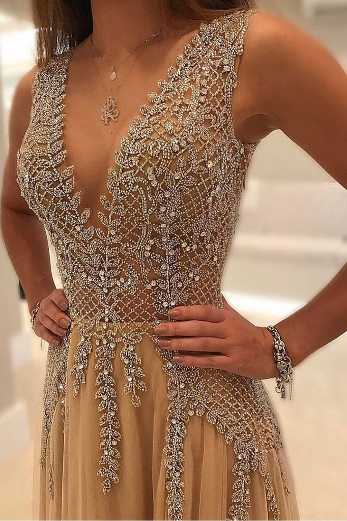 Sexy A Line V-neck Beads Open Back Tulle Slit Prom Dresses