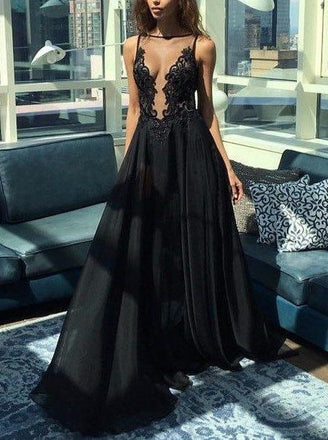sexy backless prom dresses illusion a-line black evening dress dtp517
