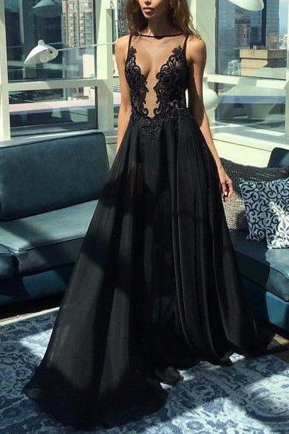 Sexy Backless Prom Dresses Illusion A-line Black Evening Dress