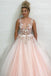 Sexy Backless Prom Dress Pearl Pink Tulle V-neck Appliques Graduation Gown