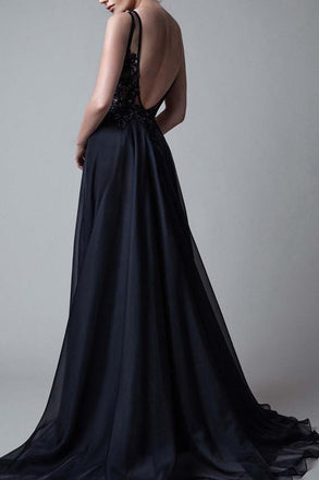Sexy Backless Prom Dresses Illusion A-line Black Evening Dress