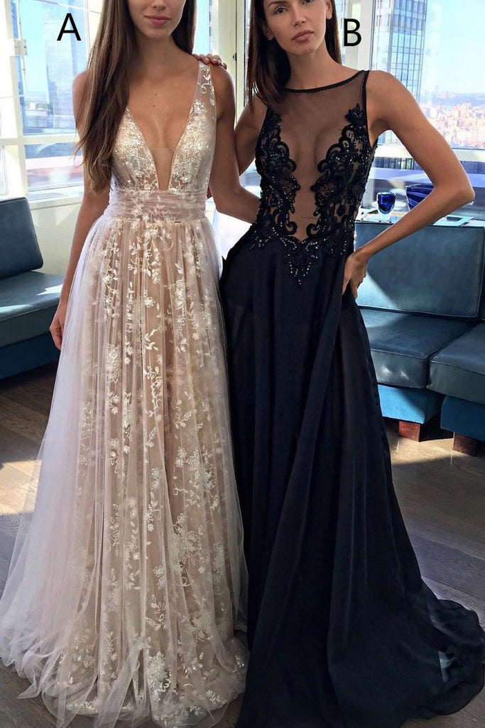 Sexy Backless Prom Dresses Illusion A-line Black Evening Dress