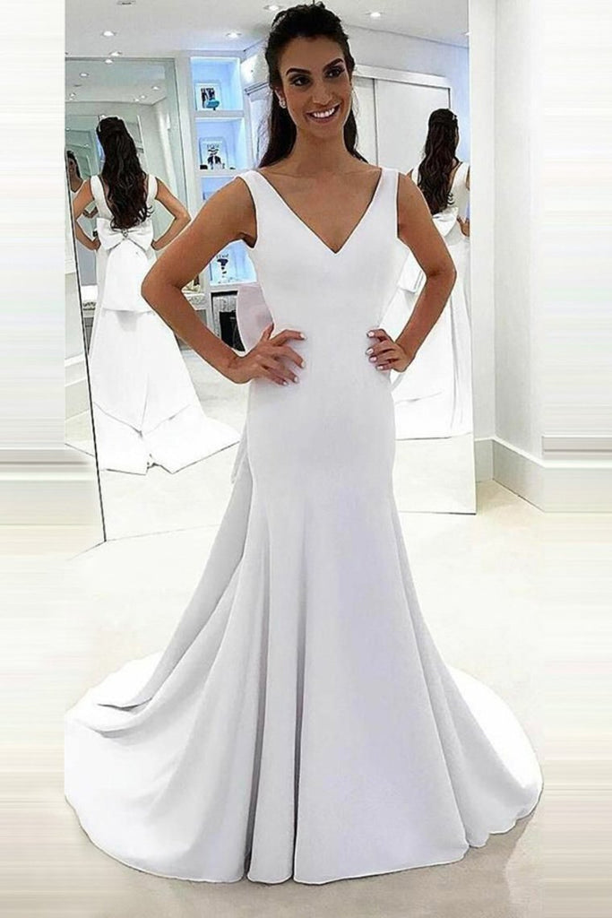 Satin V-neck Bridal Gown Bow-knot Back Mermaid Wedding Dress DTW165 DressTok.co.uk Satin V-neck Bridal Gown Bow-knot Back Mermaid Wedding Dress DTW165 DressTok.co.uk