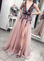 Sexy Pink Blush Plunging Neckline Appliques Tulle Long Prom Party Dress