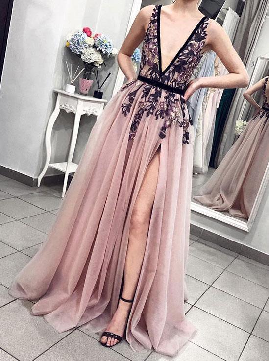Sexy Pink Blush Plunging Neckline Appliques Tulle Long Prom Party Dress