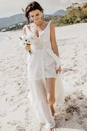 Sexy Sheath Overskirt Backless Flowy Beach Wedding Dress