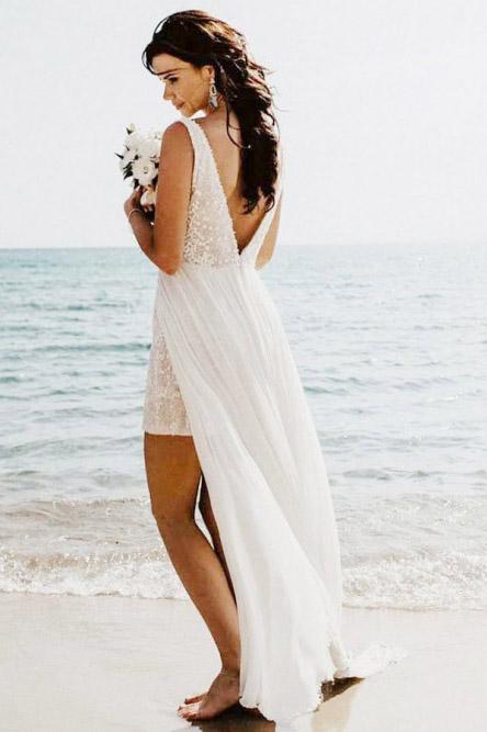 Sexy Sheath Overskirt Backless Flowy Beach Wedding Dress DTW185 –  DressTok.co.uk