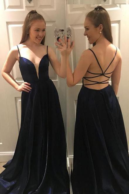 sexy spaghetti-straps long dark blue backless prom dress dtp395