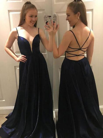 Sexy Spaghetti-straps Long Dark Blue Backless Prom Dress