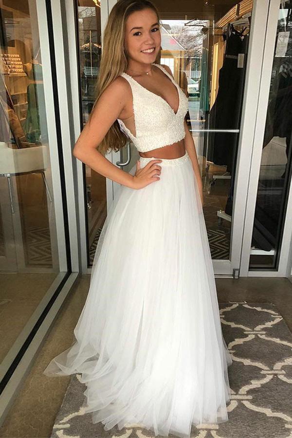 two piece sleeveless prom dress beaded deep v-neck tulle party gown dtp598