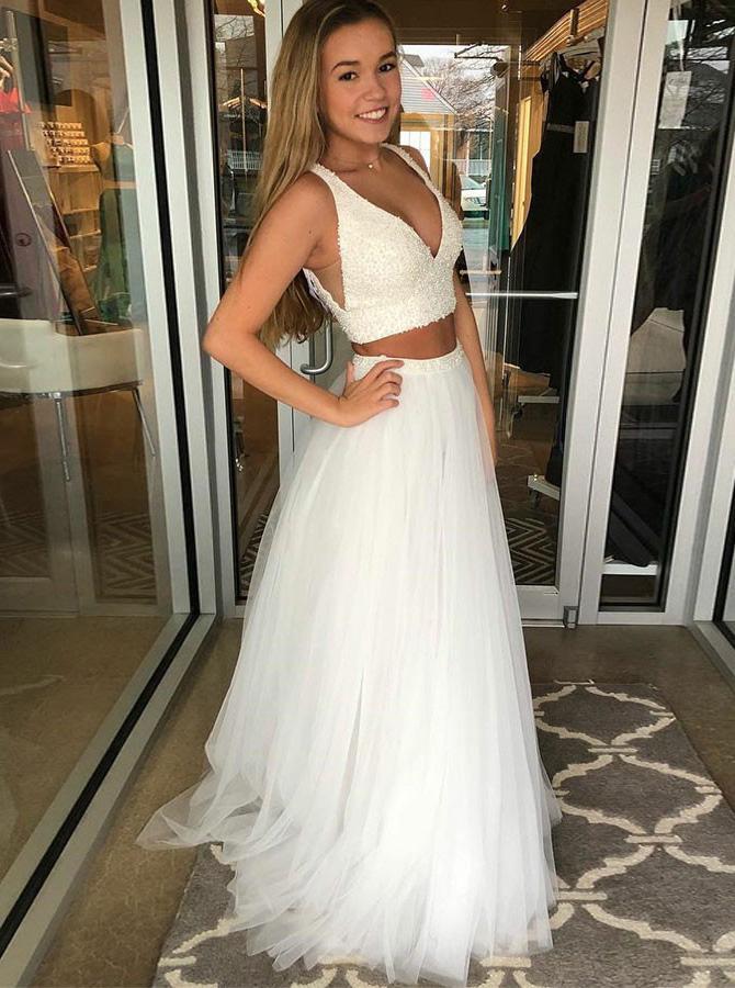 Two Piece Sleeveless Prom Dress Beaded Deep V-neck Tulle Party Gown