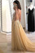 Sexy Golden V-neck Tulle Long Prom Dress Sequins Evening Dress