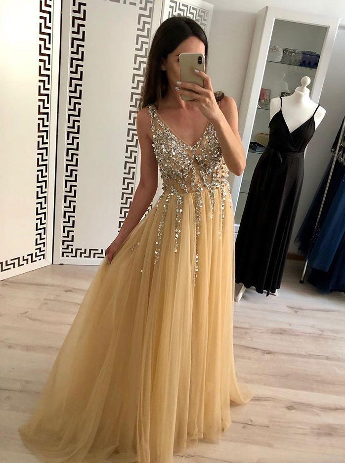 sexy golden v-neck tulle long prom dress sequins evening dress dtp493