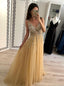 Sexy Golden V-neck Tulle Long Prom Dress Sequins Evening Dress