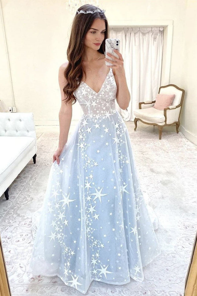 shiny star tulle prom dresses a-line v neck light blue formal gown dtp13