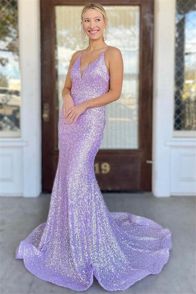 Mermaid Shiny Sequins V Neck Lilac Long Prom Dresses, Lavender Evening Formal Dresses