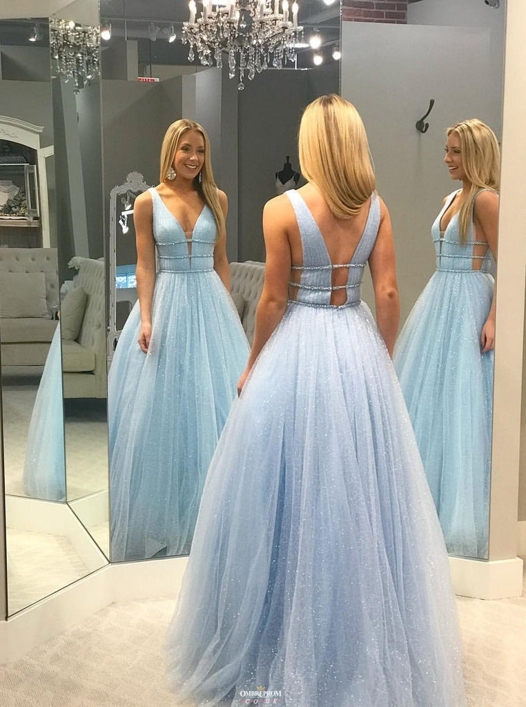 sparkle long formal dress shiny v-neck tulle beading long prom dress dtp566