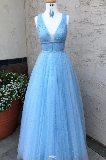 A-Line V-Neck Long Light Blue Prom Dresses with Beading