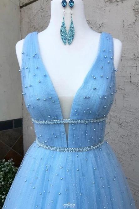 A-Line V-Neck Long Light Blue Prom Dresses with Beading