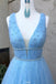 A-Line V-Neck Long Light Blue Prom Dresses with Beading