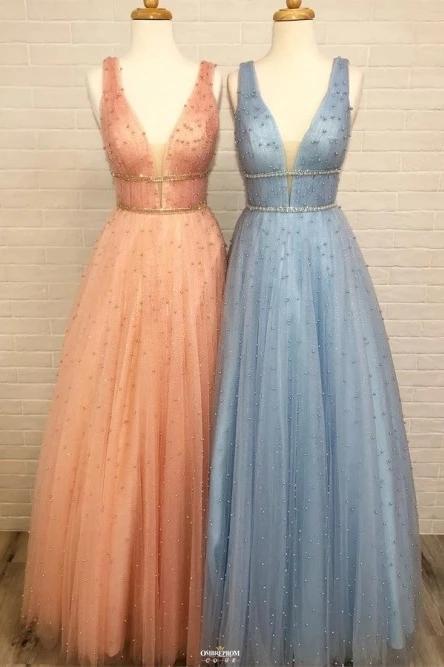 A-Line V-Neck Long Light Blue Prom Dresses with Beading